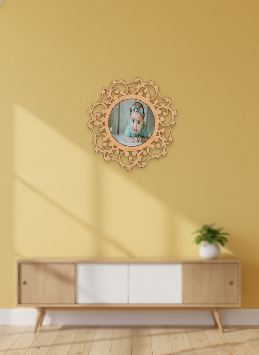 Decorative photo frame with a child's photo on a yellow wall above a wooden cabinet.