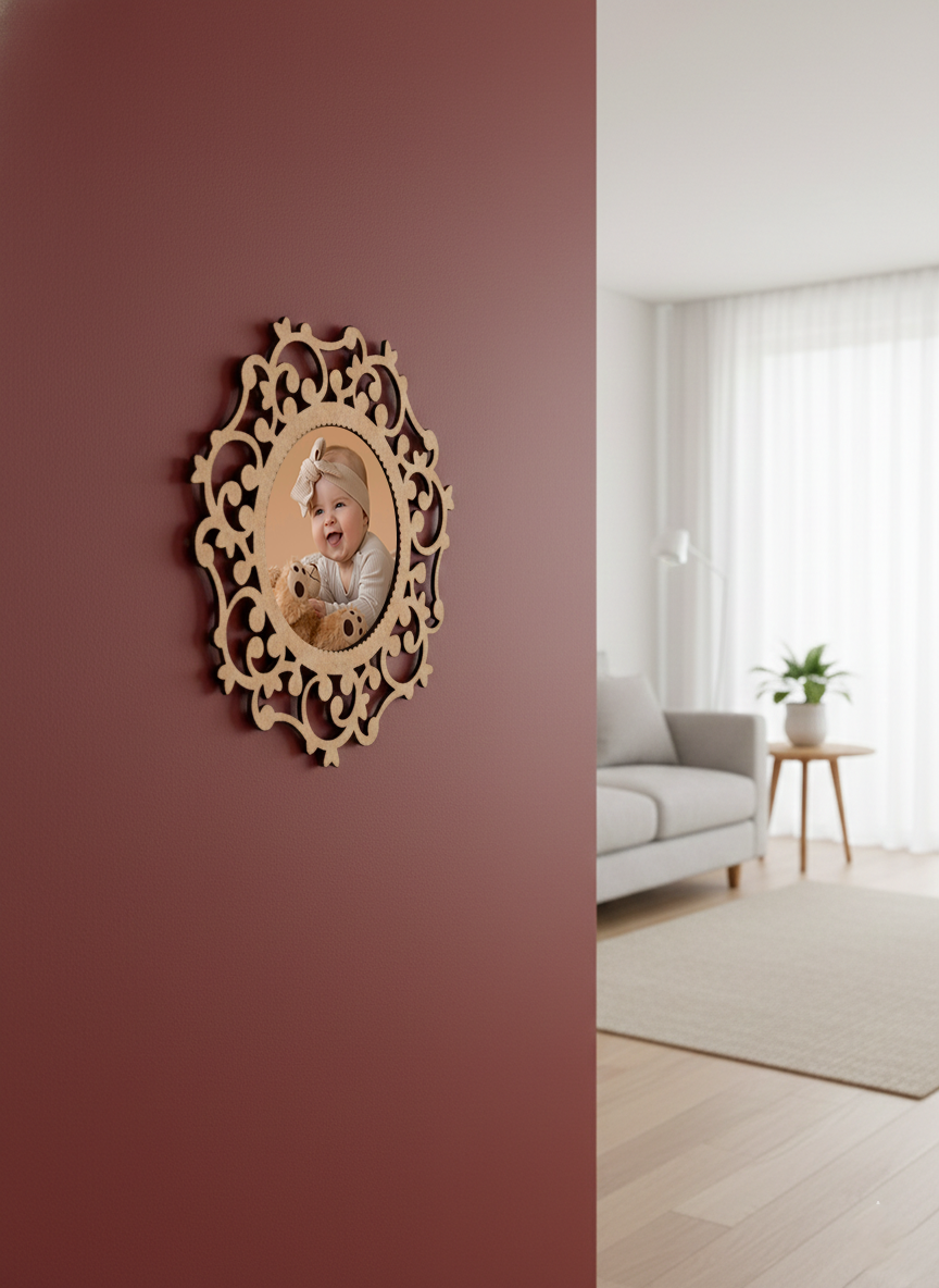 Decorative photo frame with a child's photo on a pink wall, living room in the background