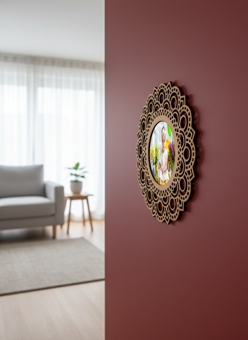 Decorative photo frame with floral design on a maroon wall in a living room.