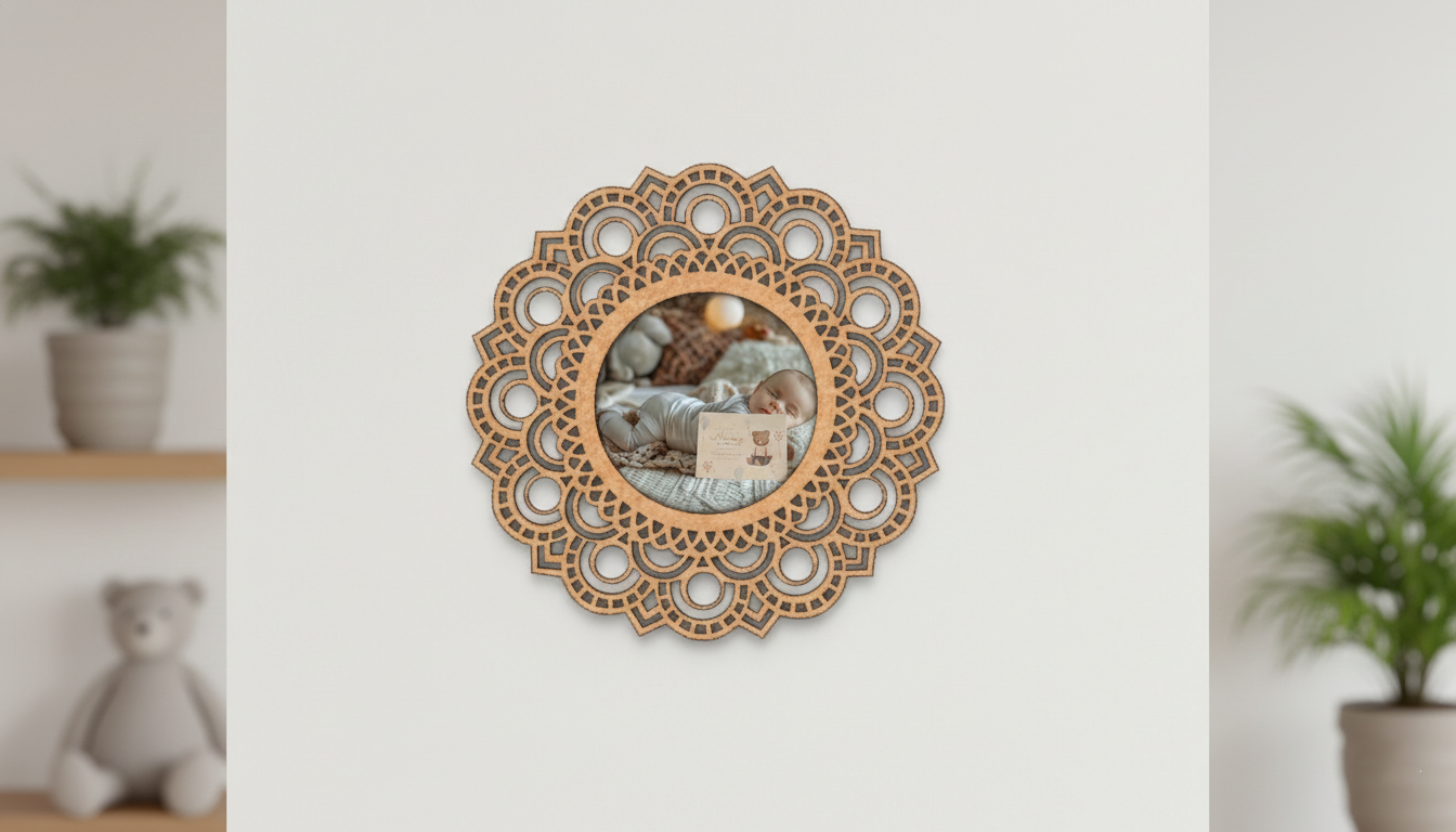 Decorative photo frame with a floral design on a white wall.
