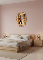 Decorative photo frame with a person in a yellow shirt on a pink wall above a bed.