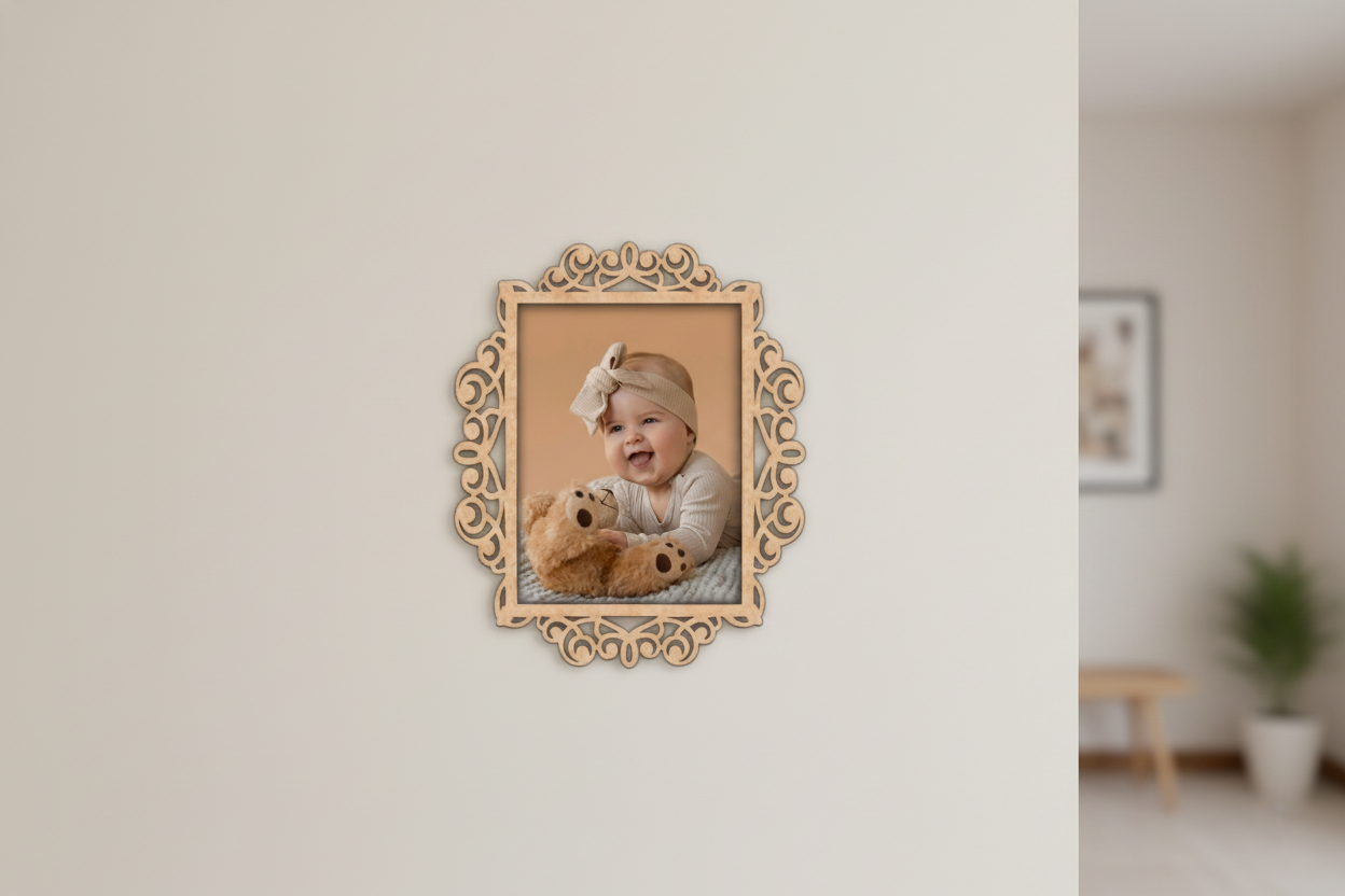 Decorative gold frame with a photo of a baby holding a teddy bear on a white wall.