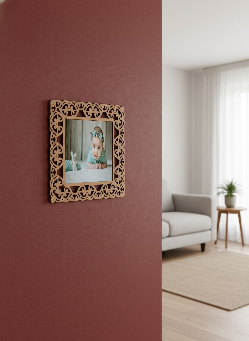 Decorative photo frame with floral frame on a red wall in a living room.
