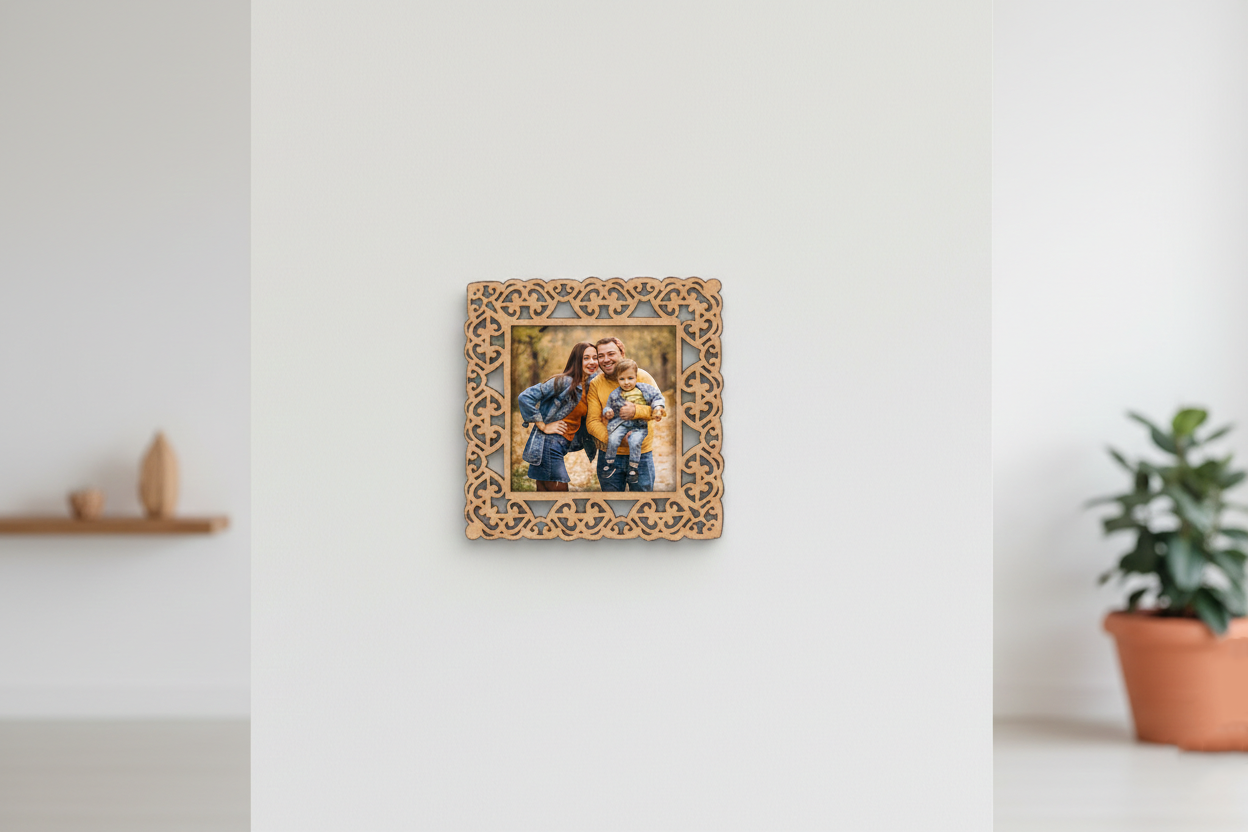 Decorative picture frame with a family photo on a white wall