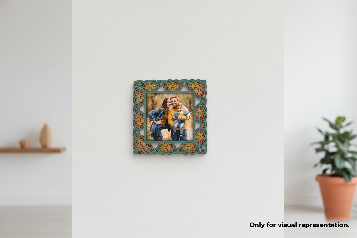 Decorative photo frame with a family portrait on a white wall.