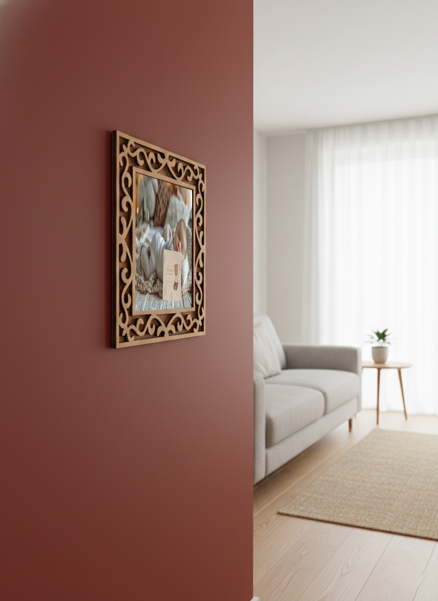 Decorative photo frame on a red wall with a living room in the background