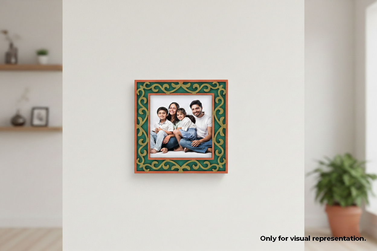 Decorative photo frame with a family portrait on a white wall.