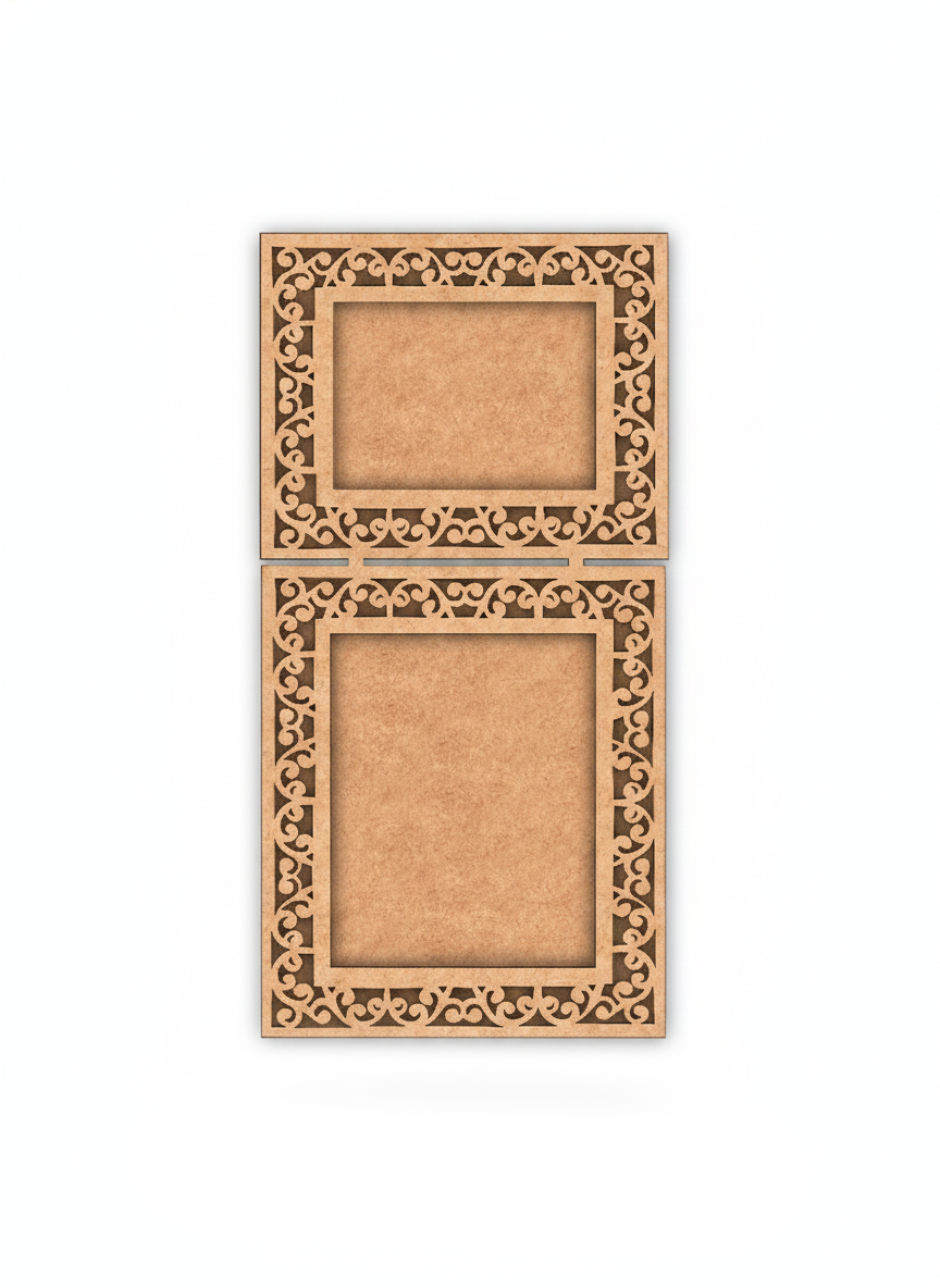 Two mdf photo frames with decorative cut-out patterns on a white background