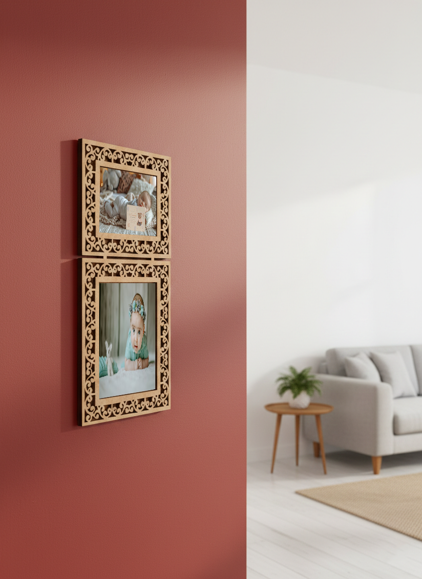 Decorative photo frame with floral patterns on a red wall, living room setting.