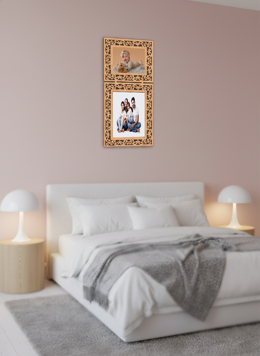Decorative photo frames with family photos above a bed in a bedroom.