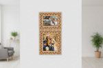 Decorative photo frame with family photos on a white wall.