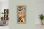 Decorative wall frame with family photos in a living room setting