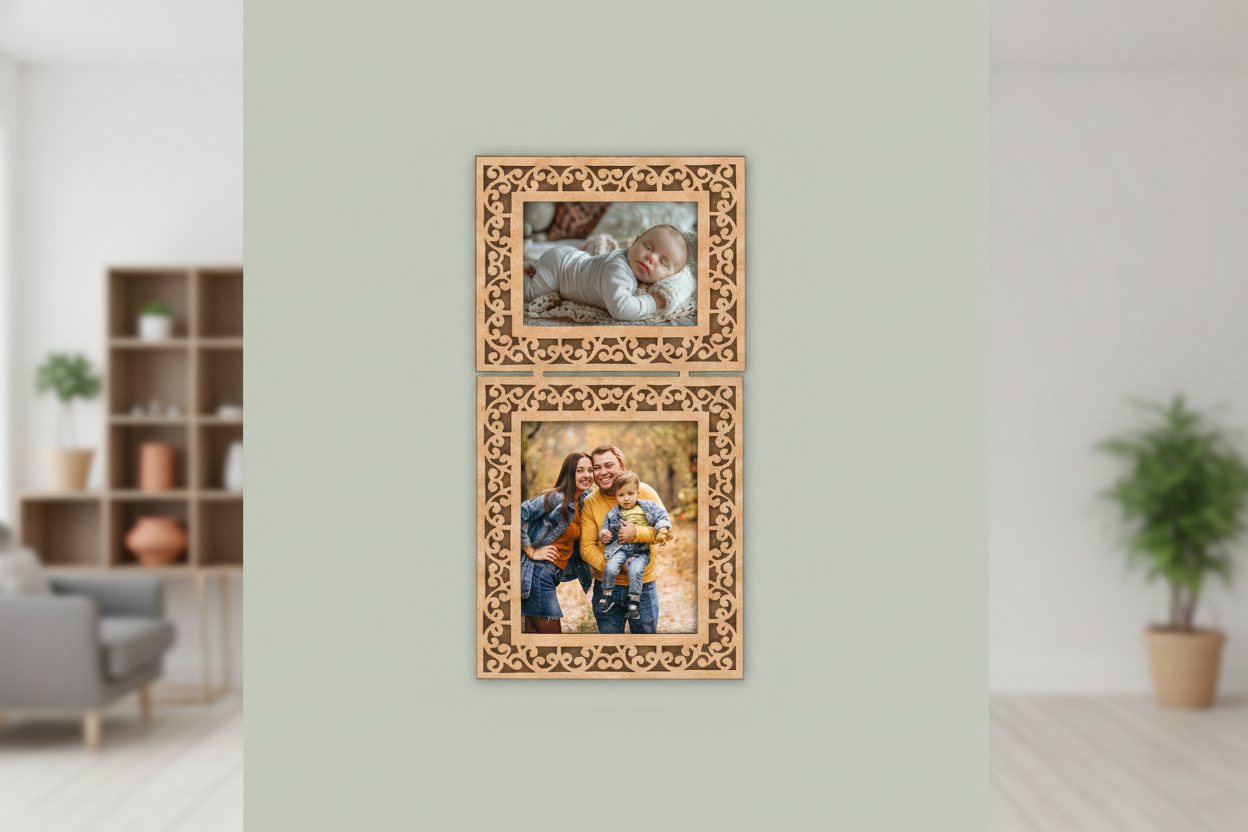 Decorative wall frame with family photos in a living room setting
