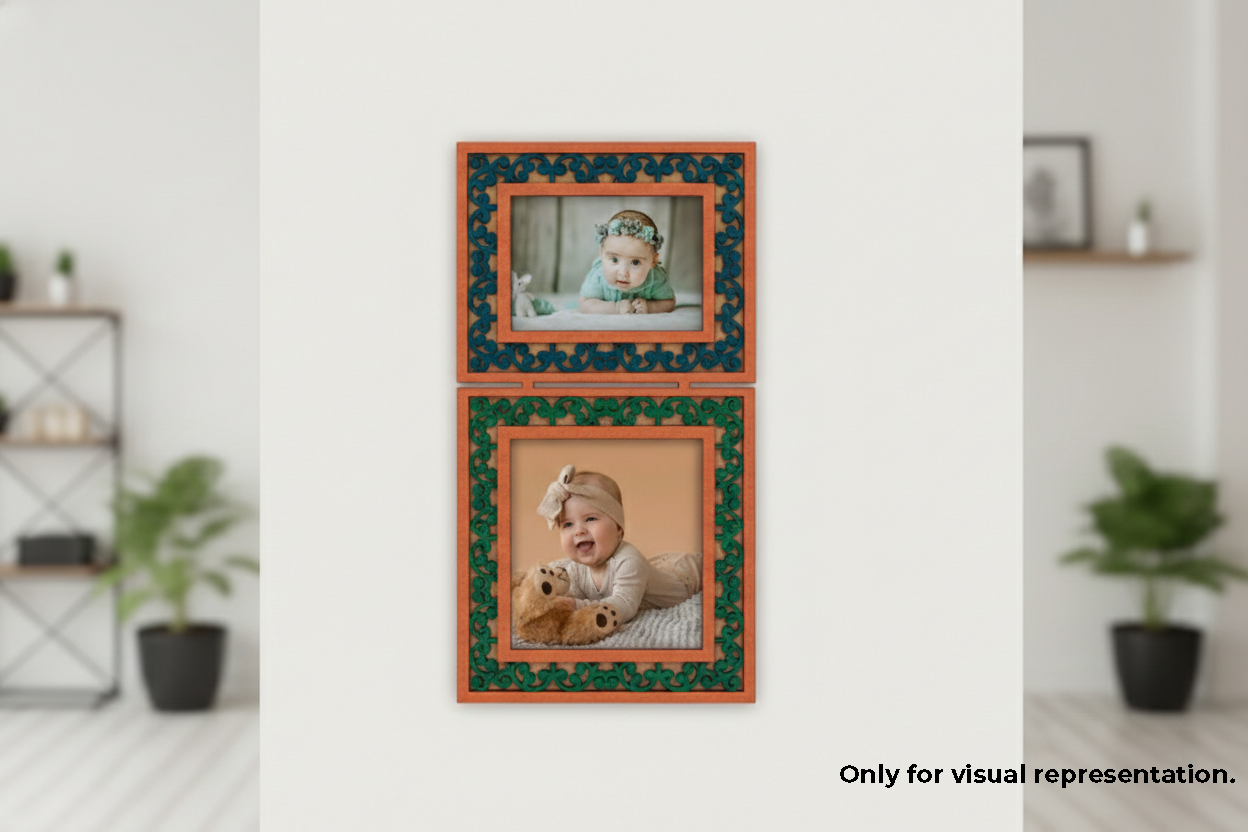 Two framed photos of children on a wall with a minimal background