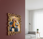 Decorative photo frame with a family photo on a purple wall next to a living room.