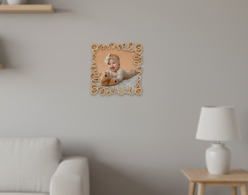 Wooden picture frame with a baby and teddy bear on a wall in a living room.