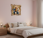 Bedroom with a decorative photo frame on the wall displaying a family picture.