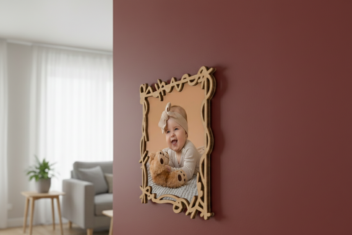 Decorative photo frame with a child holding a teddy bear in a living room setting.