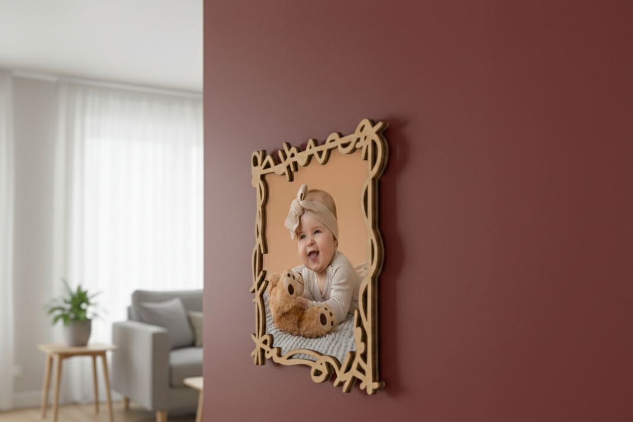 Decorative photo frame with a child holding a teddy bear in a living room setting.