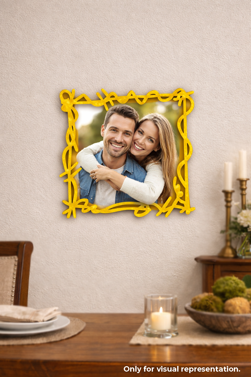Yellow decorative frame with a couple's photo on a wall above a dining table.