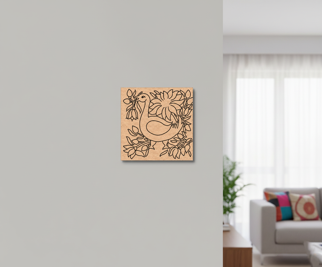 Decorative  MDF DIY  wall art with floral and bird design on a light gray wall in a living room.
