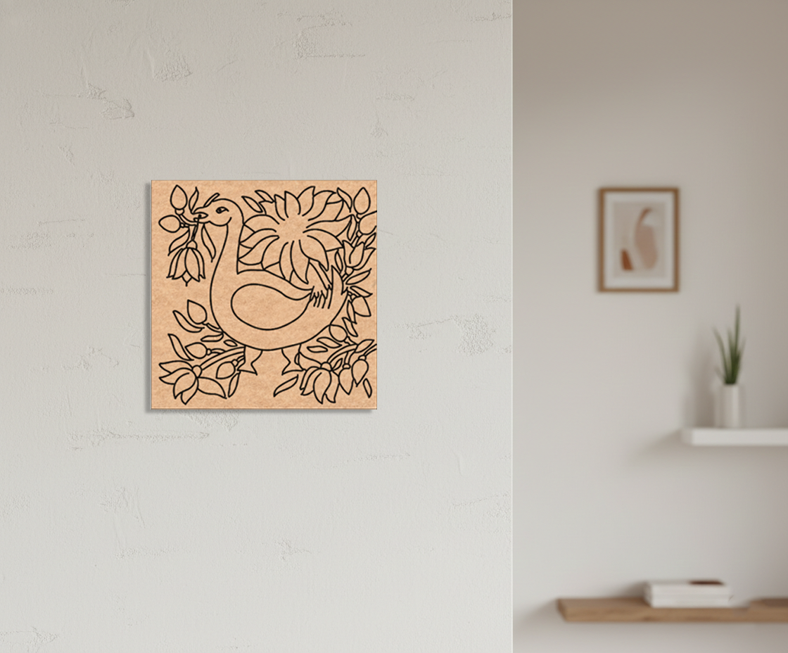 Decorative  MDF DIY  wall art with a stylized duck design on a light wooden panel, mounted on a white wall.
