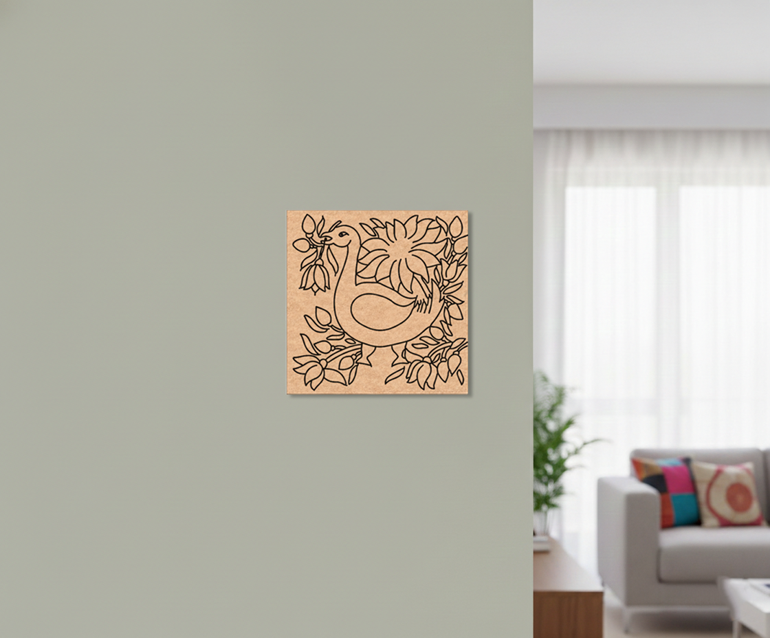  MDF DIY  wall art with floral design on a gray wall in a living room.
