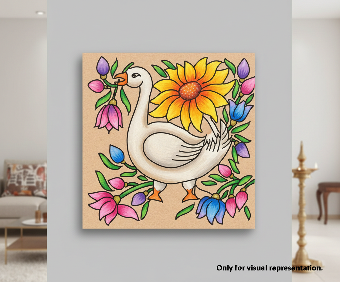 Decorative MDF DIY wall art with a goose and flowers on a light gray wall.