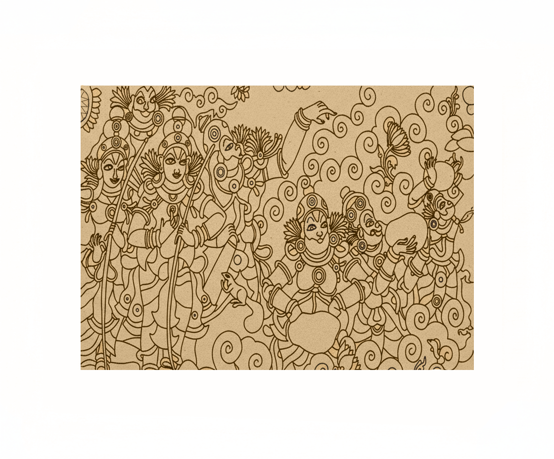 Decorative  MDF DIY wall art with intricate patterns and figures on a beige background