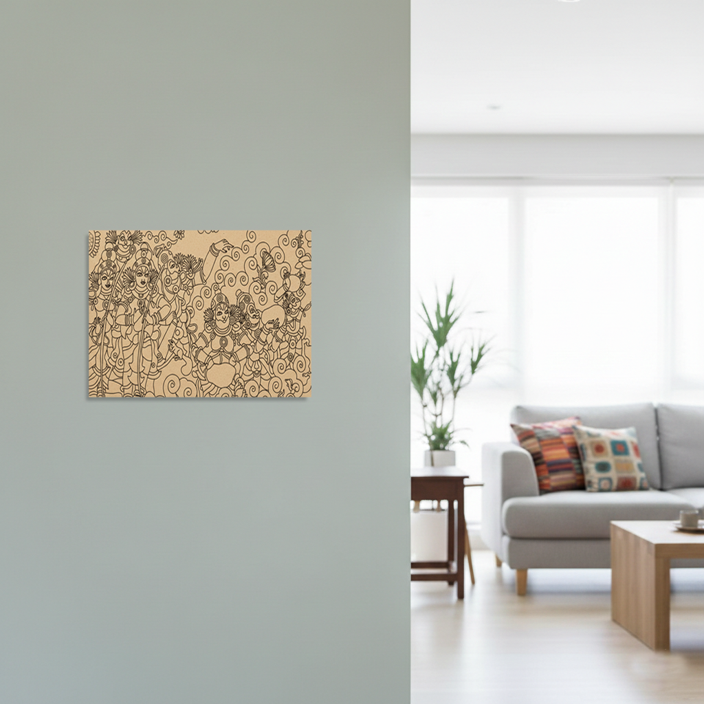  MDF DIY wall art with abstract design on a gray wall in a living room.