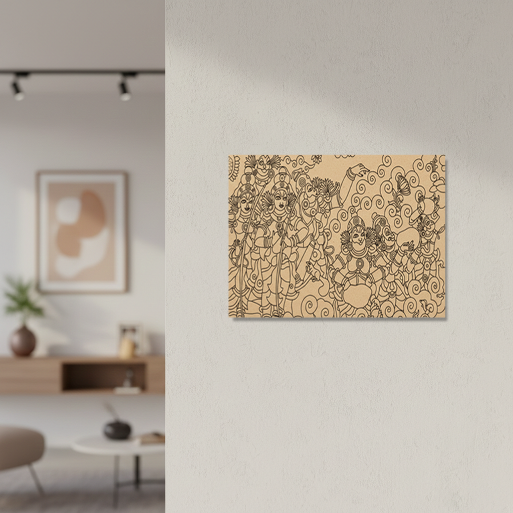 Decorative  MDF DIY  wall art with intricate patterns on a beige background in a modern living room.