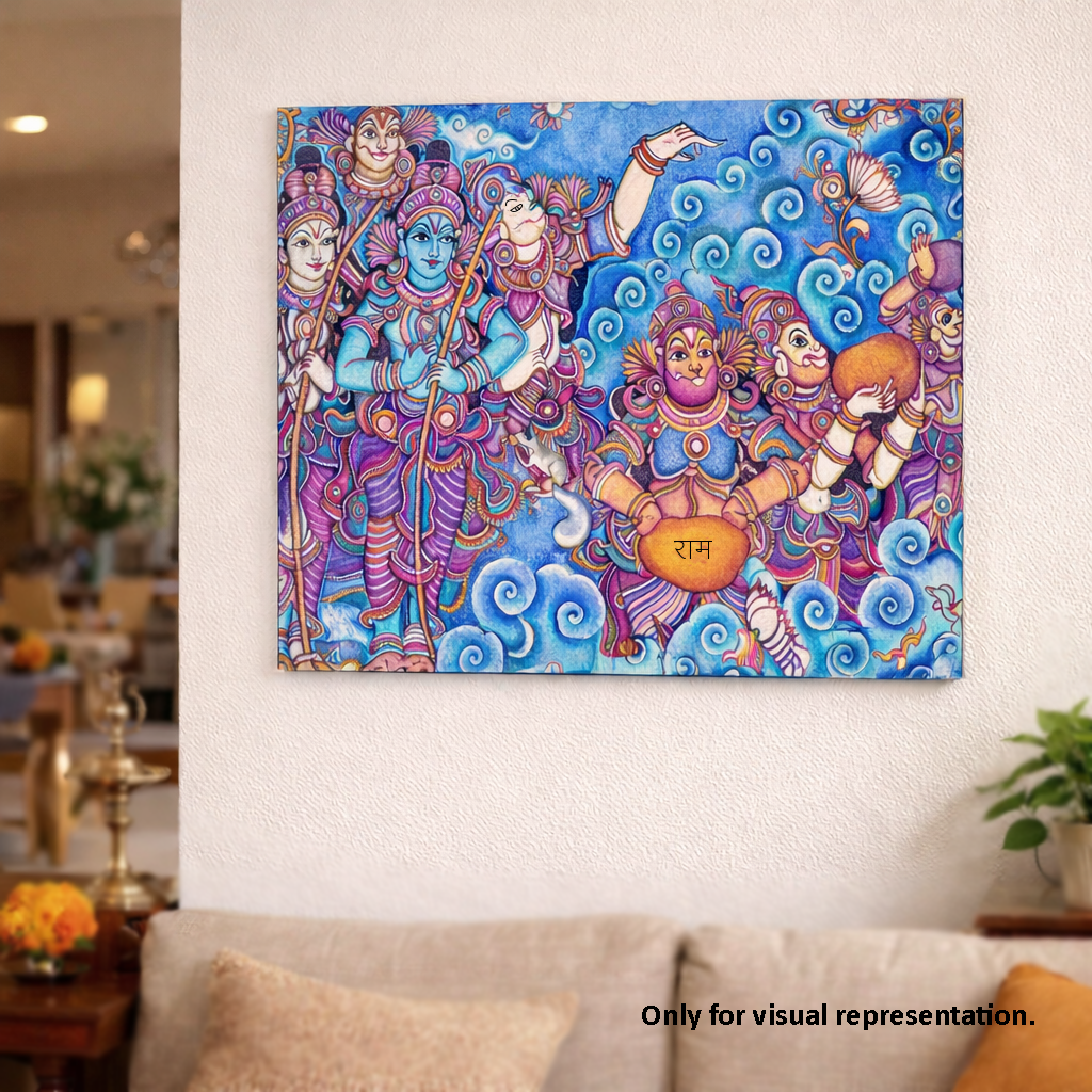 Colorful  MDF DIY wall art depicting deities in a living room setting