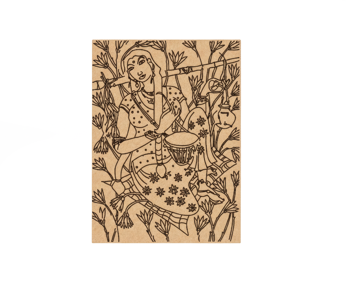  MDF DIY wall art with a carved design of a woman playing a drum, surrounded by plants on a white background.