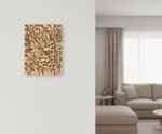Decorative MDF DIY wall art on a white wall with a blurred living room in the background
