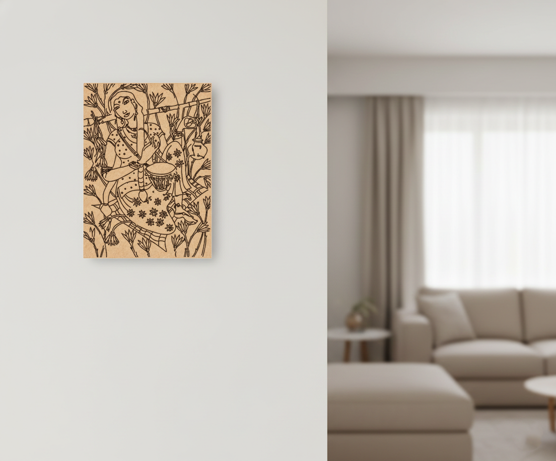 Decorative MDF DIY wall art on a white wall with a blurred living room in the background