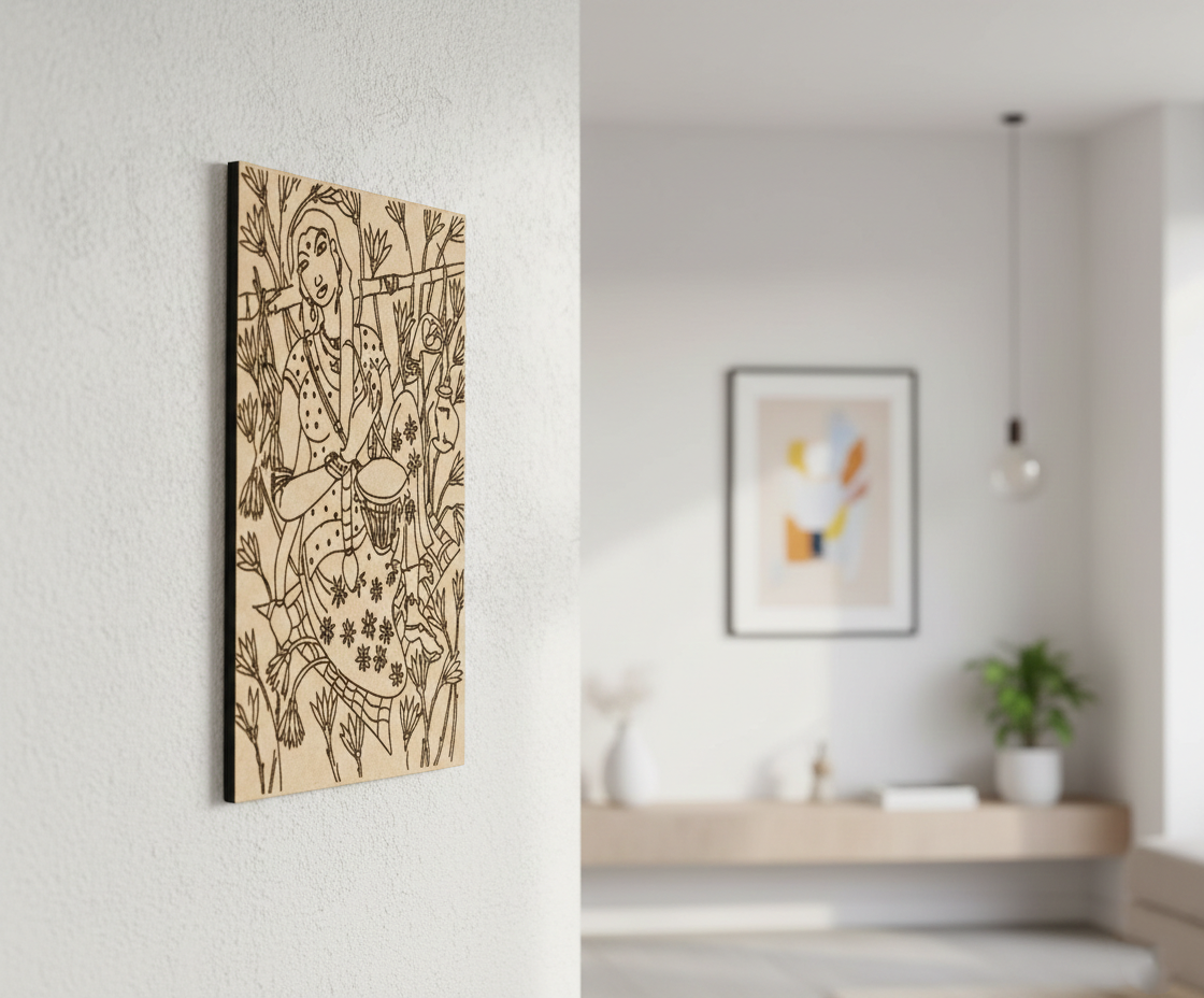  MDF DIY wall art with a stylized design of a person playing a drum in a modern room.