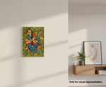 Colorful abstract painting on a white wall with a wooden shelf and plant in the background.