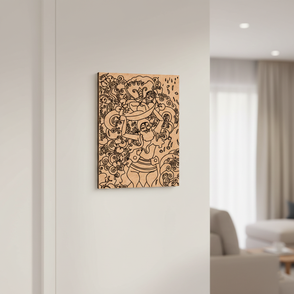 Decorative  MDF DIY wall art with intricate design on a light-colored wall in a living room.