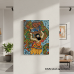 Colorful abstract painting of a figure with intricate patterns in a modern living room.