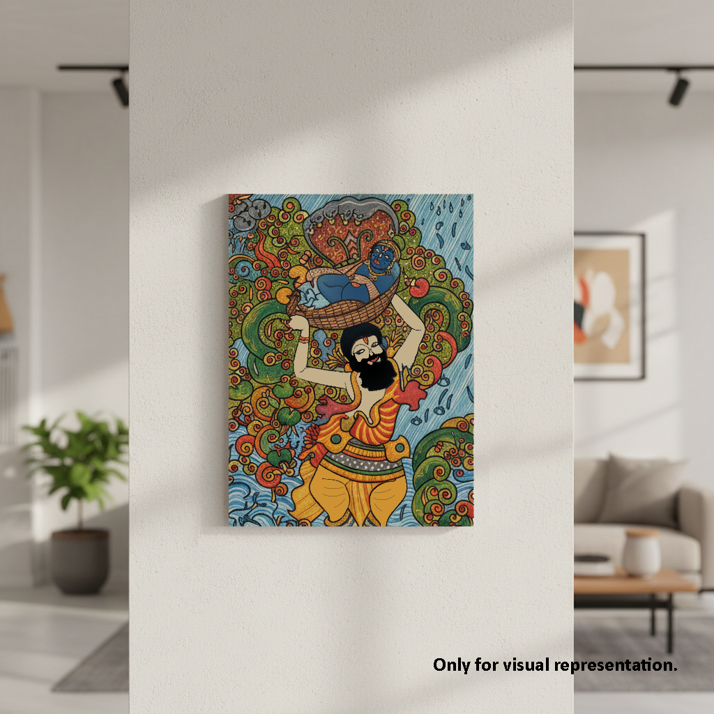 Colorful abstract painting of a figure with intricate patterns in a modern living room.