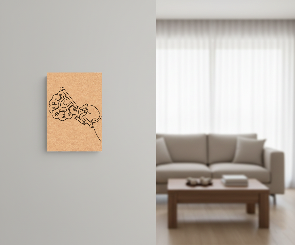 Decorative  MDF DIY wall art on a gray wall with a living room in the background