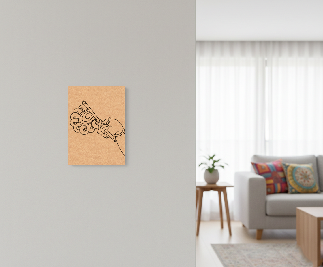 Decorative  MDF DIY wall art on a gray wall in a living room with a couch and coffee table.