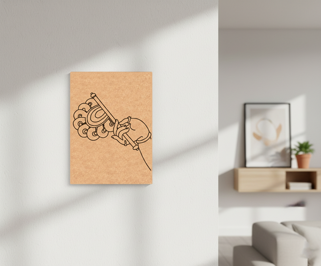 Abstract  MDF DIY wall art on a light gray wall with a modern interior setting.
