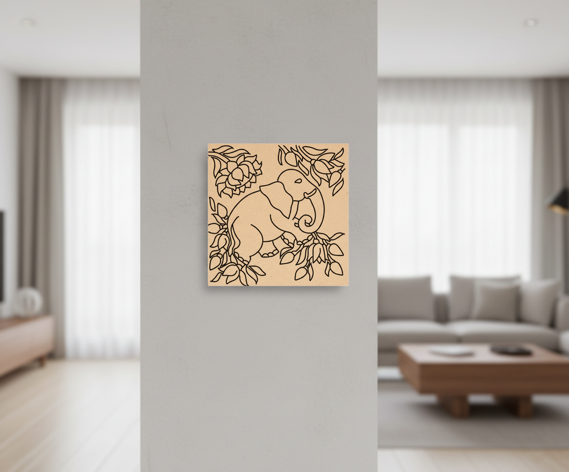 Decorative  MDF DIY wall art of an elephant with flowers on a gray wall in a living room.