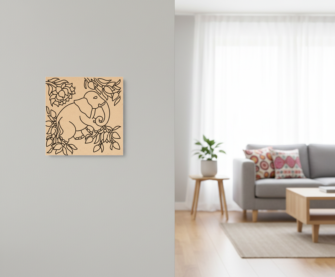 Decorative  MDF DIY wall art of an elephant in a living room setting