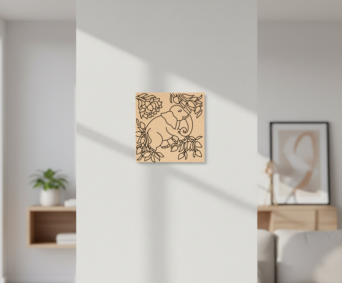 Decorative  MDF DIY wall art of an elephant with leaves on a white wall in a living room.