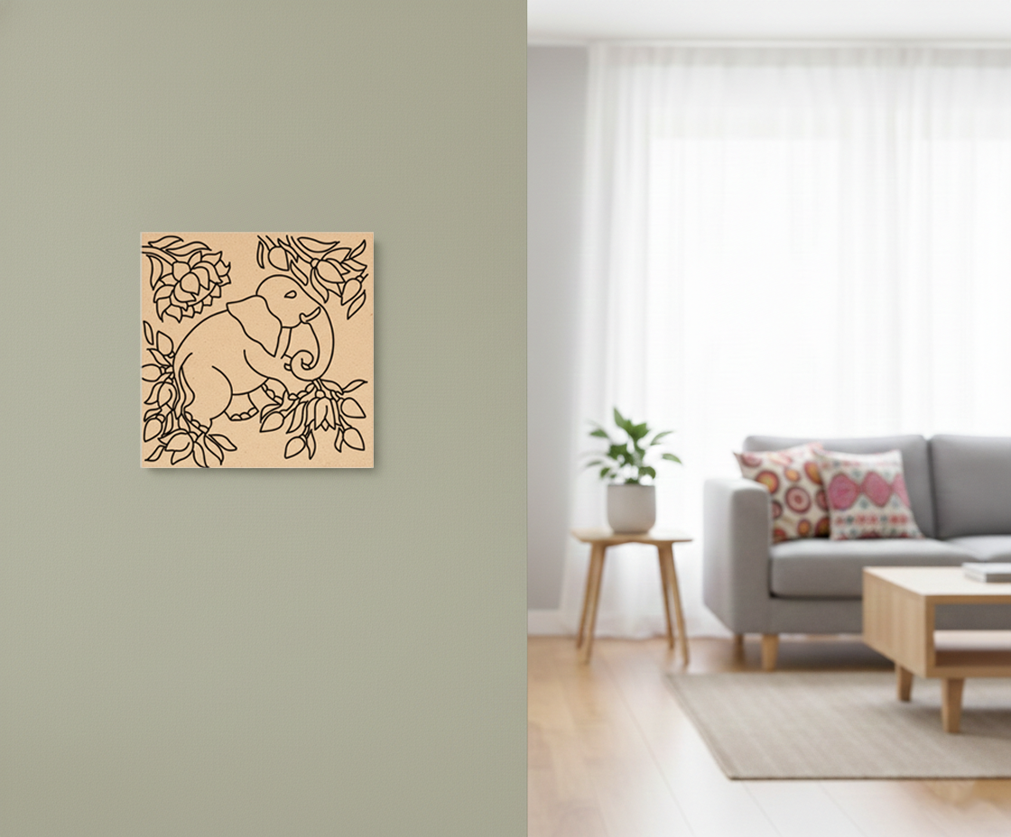 Decorative  MDF DIY wall art of an elephant with leaves in a living room setting.