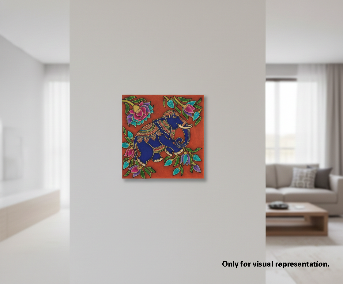 Colorful elephant painting on a wall in a modern living room.