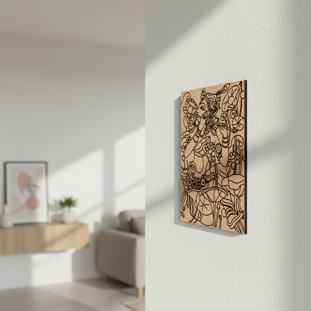 Abstract  MDF DIY  wall art on a white wall with a blurred room background