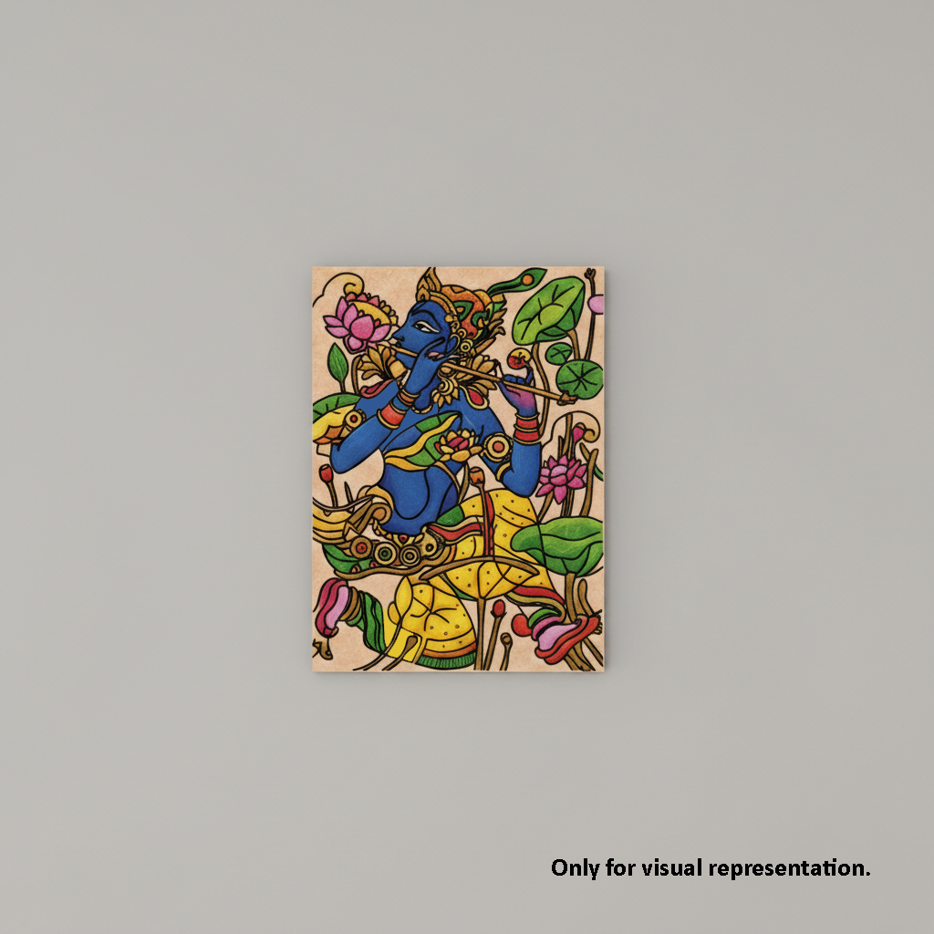 Colorful depiction of a deity surrounded by flowers and leaves on a beige background